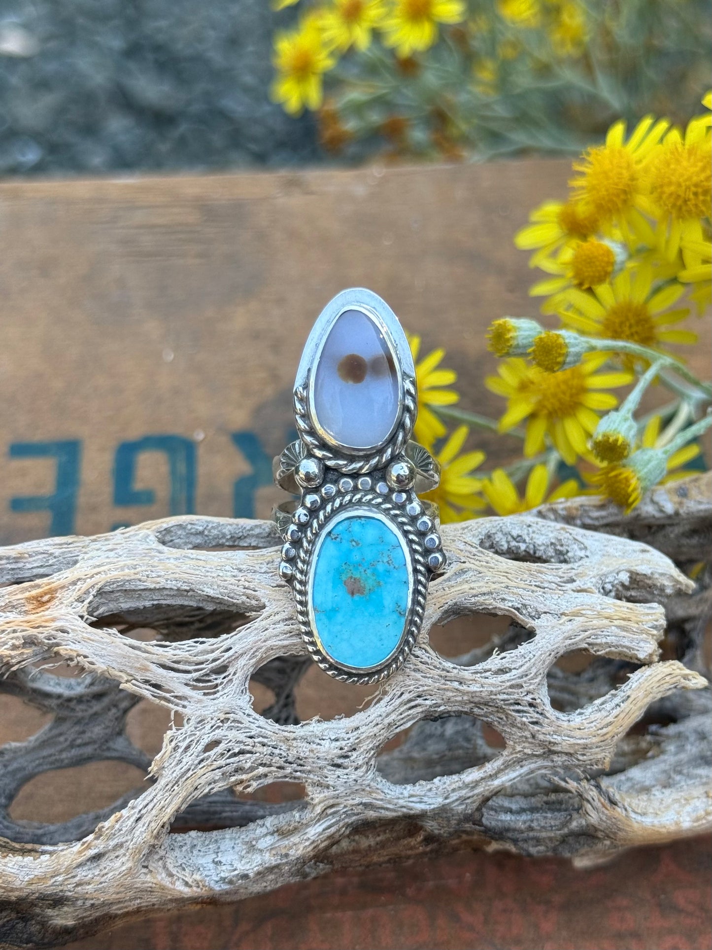 Polka Dot Agate & Turquoise Ring | Size 6.5