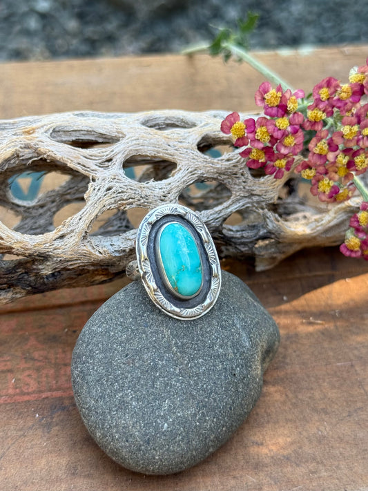 Stamped Shadow Box Turquoise Ring | Size 8