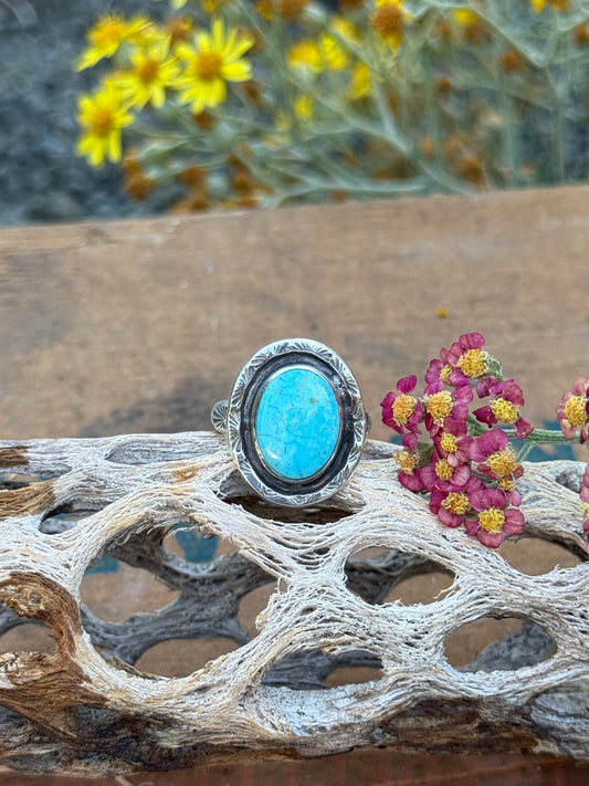 Stamped Shadow Box Turquoise Ring | Size 7.5